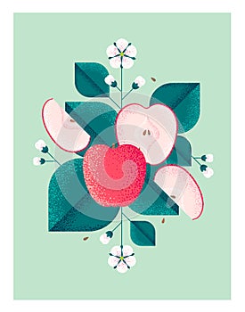 Ripe red apples with leaves and flowers. Illustration with grain and noise texture.