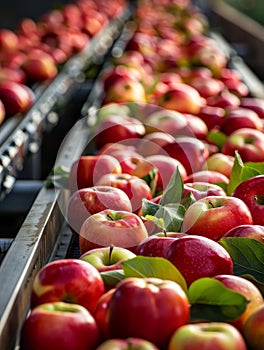 Ripe red apples on a packing line, captured in a blurred background to emphasize the freshness and organic quality in