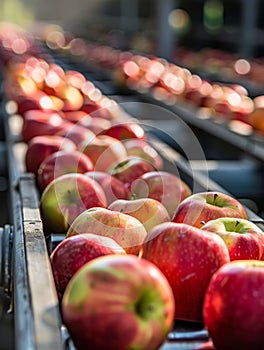 Ripe red apples on a packing line, captured in a blurred background to emphasize the freshness and organic quality in