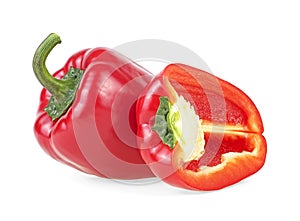 Ripe red bell peppers isolated on white background. Red sweet pepper. Red sweet bell pepper with slice
