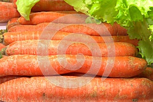 Ripe red carrots and green salad leaves