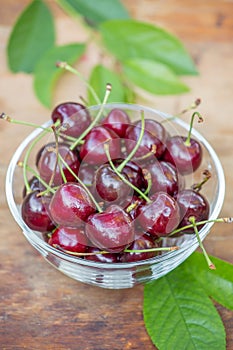 Ripe red cherries with green leaves in a transparent bowl