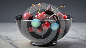 Ripe red cherries overflow a bowl and gleam in a glass