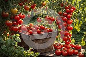 Ripe red cherry tomatoes in a basket on a table in a garden