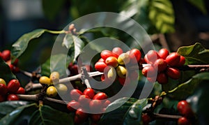 Ripe red coffee beans clustered on a branch with lush green leaves