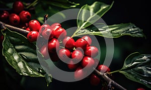 Ripe red coffee beans clustered on a branch with lush green leaves