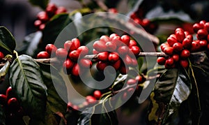 Ripe red coffee beans clustered on a branch with lush green leaves