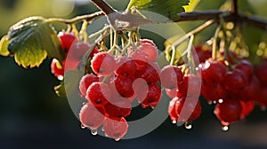 Ripe red currant berries with water drops on a branch
