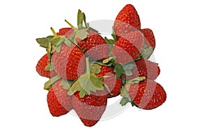 Ripe, red, garden strawberries with sepals and peduncle on a white background.