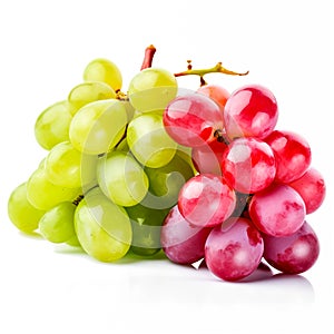 Ripe red grape and green grape. Pink bunch with leaves isolated on white background. Generative AI