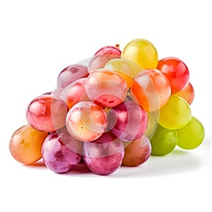 Ripe red grape and green grape. Pink bunch with leaves isolated on white background. Generative AI