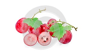 Ripe red grape. Pink bunch with leaves isolated on white. With clipping path. Full depth of field