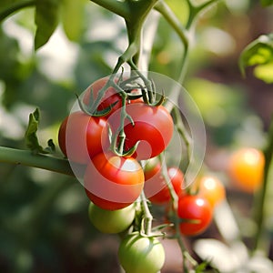 Ripe red and green tomato plant growing in greenhouse