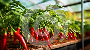 ripe red hot pepper growing on a bush in a greenhouse. Organic agriculture concept. Generative AI