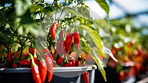 ripe red hot pepper growing on a bush in a greenhouse. Organic agriculture concept. Generative AI