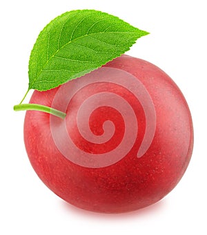 Ripe red plum with green leaf. With clipping path