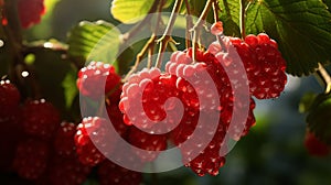 Ripe red raspberries on a branch close-up