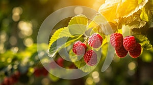 Ripe red raspberries hanging on branch in sunny garden with copy space for design or text