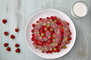 Ripe red raspberries with stalks are poured into a white ceramic plate and a glass of milk