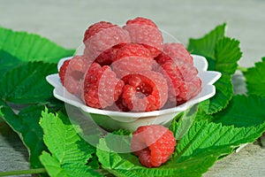 Ripe red raspberries in a white plate on the table on a background of green leaves,