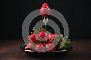 Ripe red strawberries on a fork in a heap of strawberries