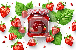 Ripe red strawberries and a jar of strawberry jam on a white background