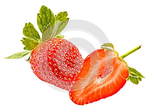 Ripe red strawberry with green leaves and half of cutted strawberry isolated on a white background