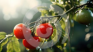 Ripe red tomato on a branch in the greenhouse