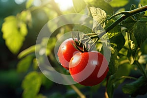 Ripe red tomato on a branch in the greenhouse