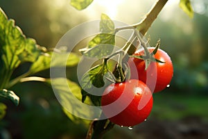 Ripe red tomato on a branch in the greenhouse