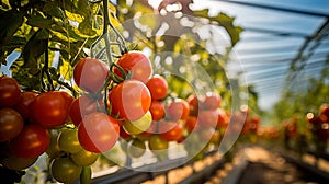 Ripe red tomatoes bush in greenhouse with varying ripeness, lush foliage, natural light