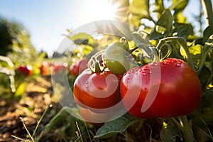 Ripe red tomatoes close-up in a garden bed. Place for text