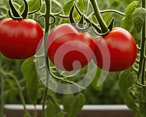 Ripe red tomatoes are on the green foliage background.