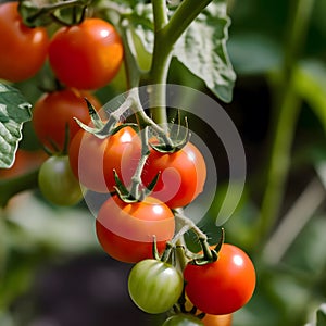 Ripe red tomatoes are on the green foliage background