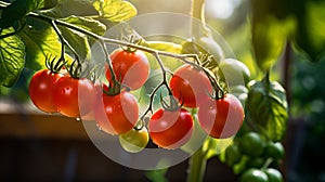 Ripe red tomatoes in greenhouse with varying ripeness clusters, lush foliage, diffused light
