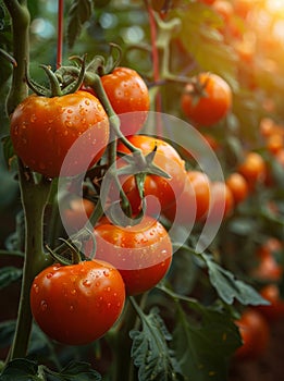 Ripe red tomatoes grow on branch in greenhouse