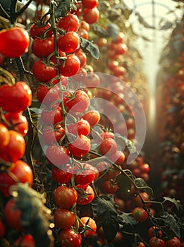 Ripe red tomatoes growing on branch in greenhouse