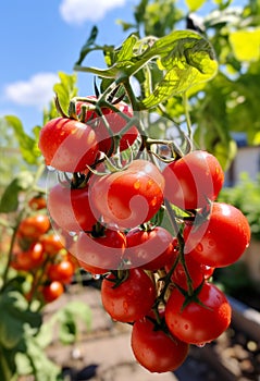 Ripe red tomatoes growing on branch in greenhouse