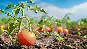 Ripe red tomatoes growing on the field, Generative AI illustrations