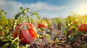 Ripe red tomatoes growing on the field, Ripe tomatoes on the field, Generative AI illustrations