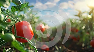 Ripe red tomatoes growing in a field on a sunny day, Generative AI illustrations