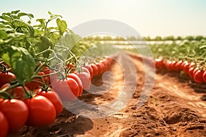 Ripe red tomatoes hang on a branch on field. Ripe tomatoes in garden ready to harvest.