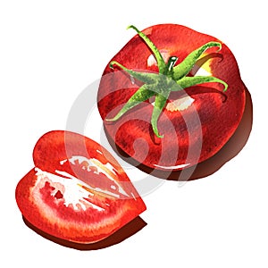 Ripe red tomatoes, whole and part, fresh juicy red tomato object, top view, organic vegetarian food, natural ingredient