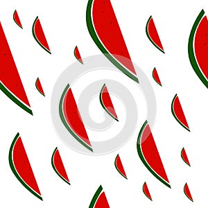 Ripe red watermelon slices in seamless pattern on white.