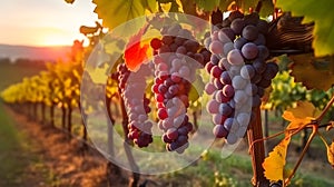 Ripe red wine grapes in vineyard at sunset, close up.