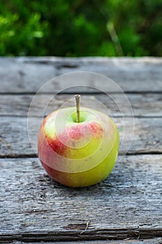 Ripe red and yellow apple on wooden table. Apple in garden. Vegetarian concept. Autumn harvest. Still life food.