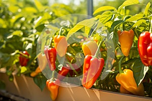 Ripe red and yellow bell peppers on a branch with green leaves in a garden bed on a sunny day