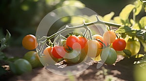 Ripe red and yellow cherry tomatoes on a branch in the garden