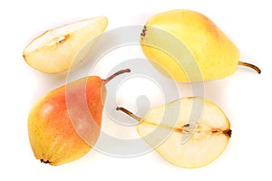 Ripe red yellow pear fruits isolated on white background. Top view. Flat lay pattern
