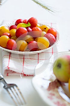 Ripe red and yellow plums and apples on a vintage plate. On light background. Scandinavian style